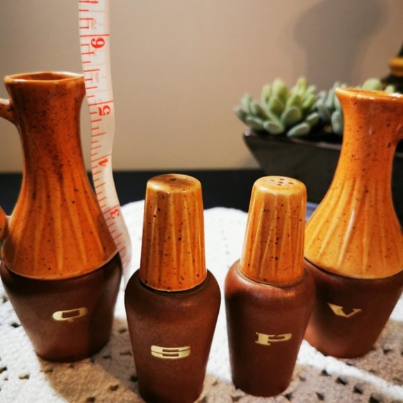 Vintage MCM Cruet Set Oil and Vinegar Salt and Pepper Set - Picture 10 of 13